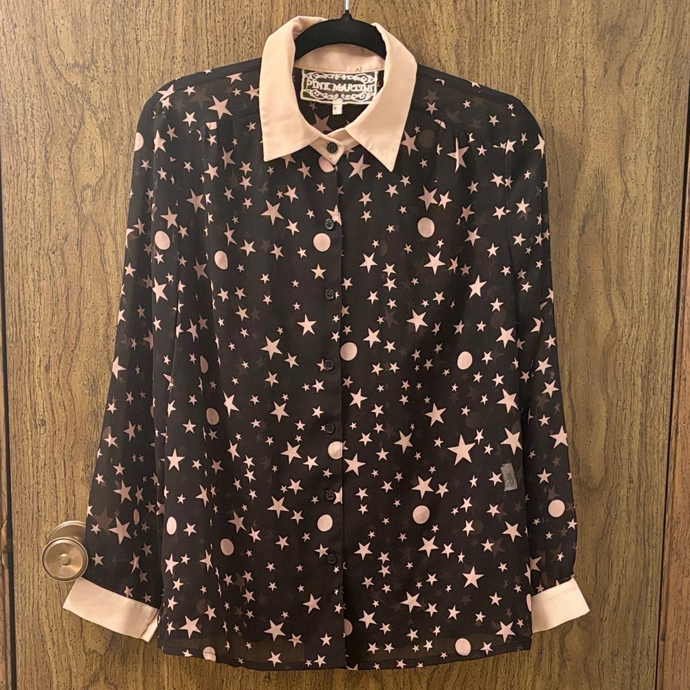 Sheer Black and Pink Star Print Button Down Shirt